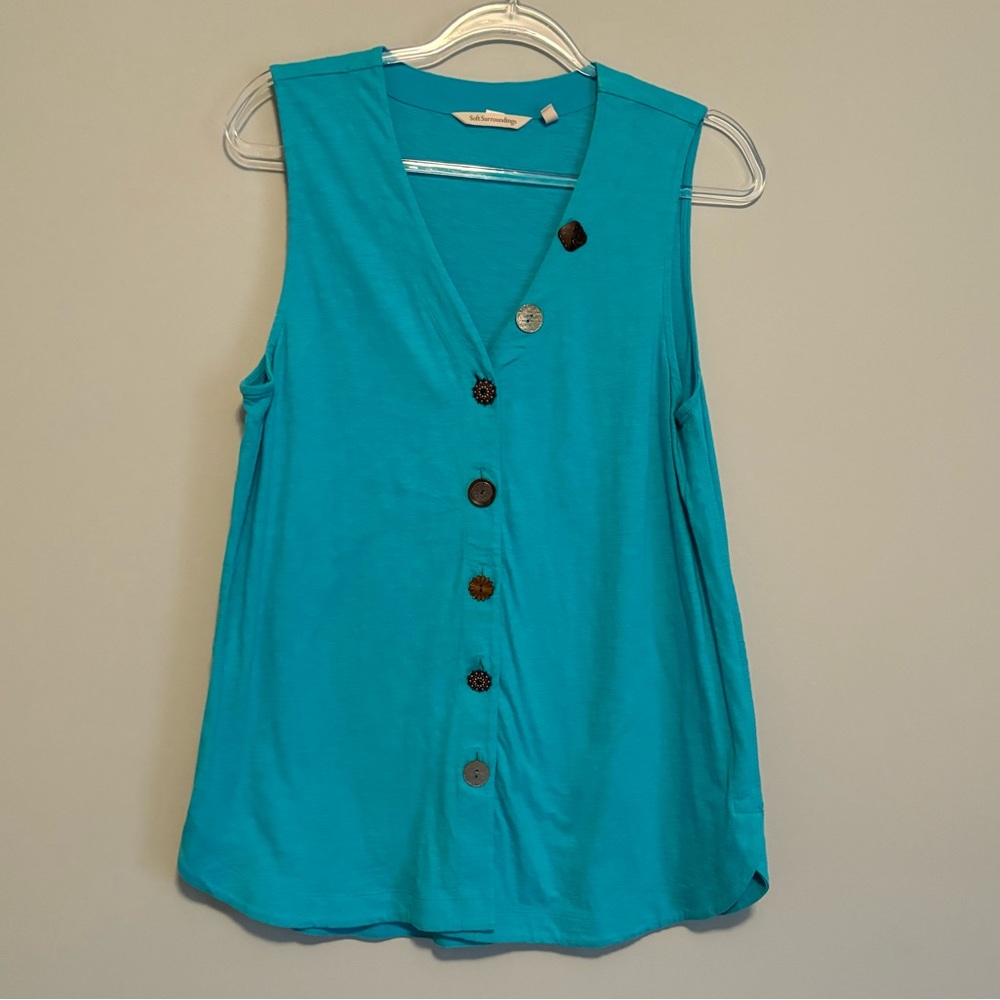 Soft Surroundings Danielle Multi Button Blue Tank Top Aqua Sz Medium